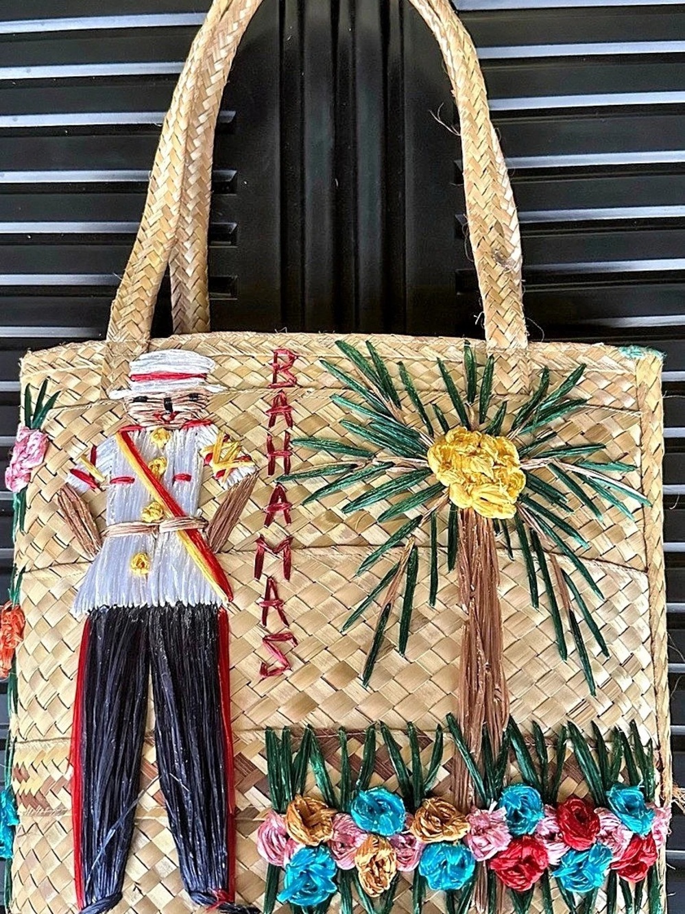 Woven Embroidered Tote in Beige & Multicolor